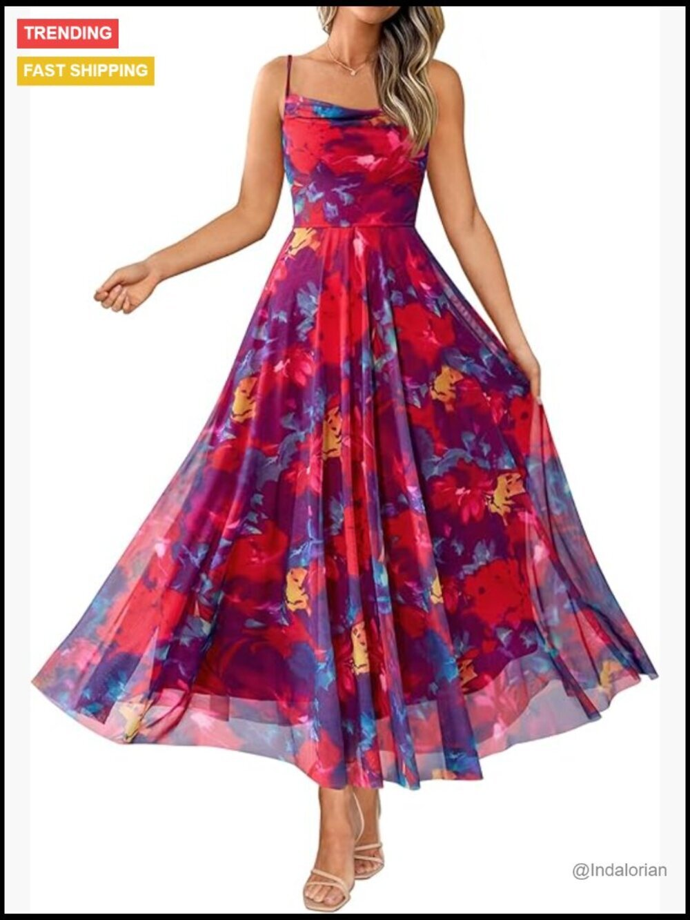 Elegant Floral Maxi Dress Spaghetti Strap Cowl Neck Sleeveless Summer Party